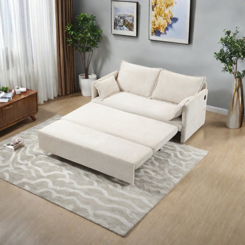 59.5" Corduroy Convertible Sofa Bed with Pull-Out Sleeper, USB/C-Type Charging Ports, and Side Storage - White
