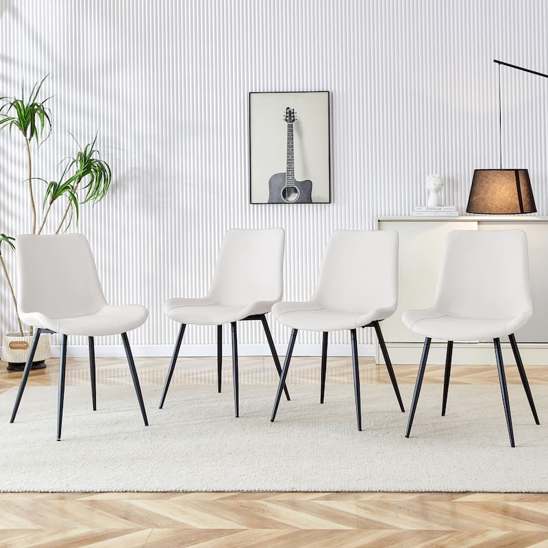 White artificial leather backrest cushion dining chair, black metal legs, curved widened cushion design for more comfort - White+Black