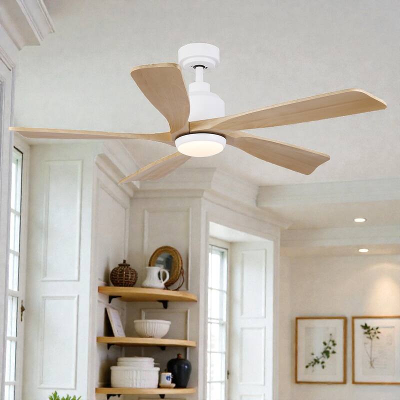 52 Inch Modern Farmhouse Solid Wood Ceiling Fan with Light, Quiet Reversible DC Motor, Remote, 6 Speeds