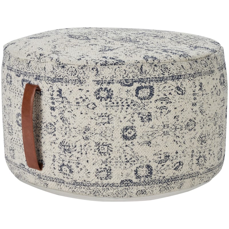 Nicole Curtis Erased Print Drum Pouf 20" x 20" x 12" - 20" x 20" x 12" - Ivory/Navy