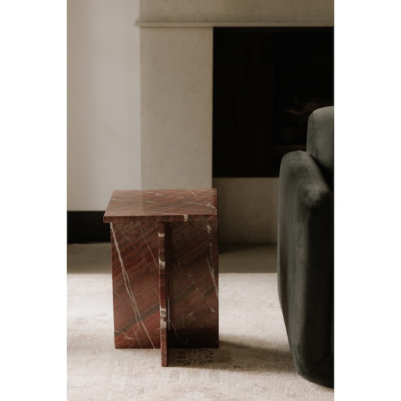 NADAAL STUDIOS Indra Accent Table, Square Rosso Levanto Marble, Indoor & Outdoor Use, Red