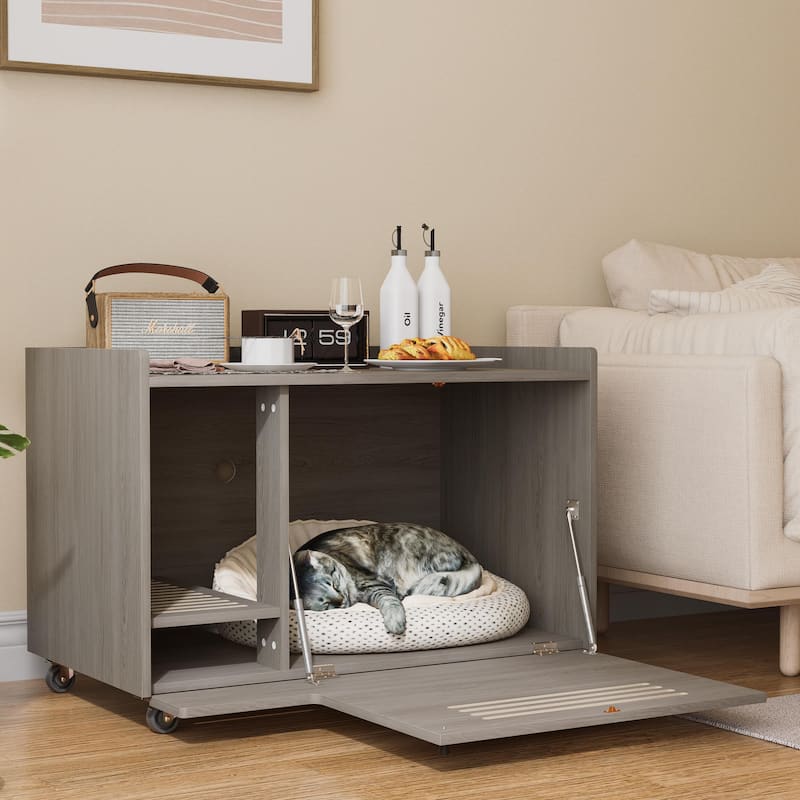 Cat Litter Box Enclosure,Hidden Litter Box Furniture with top side fence,Wooden Pet House Side End Table,Storage Cabinet Bench