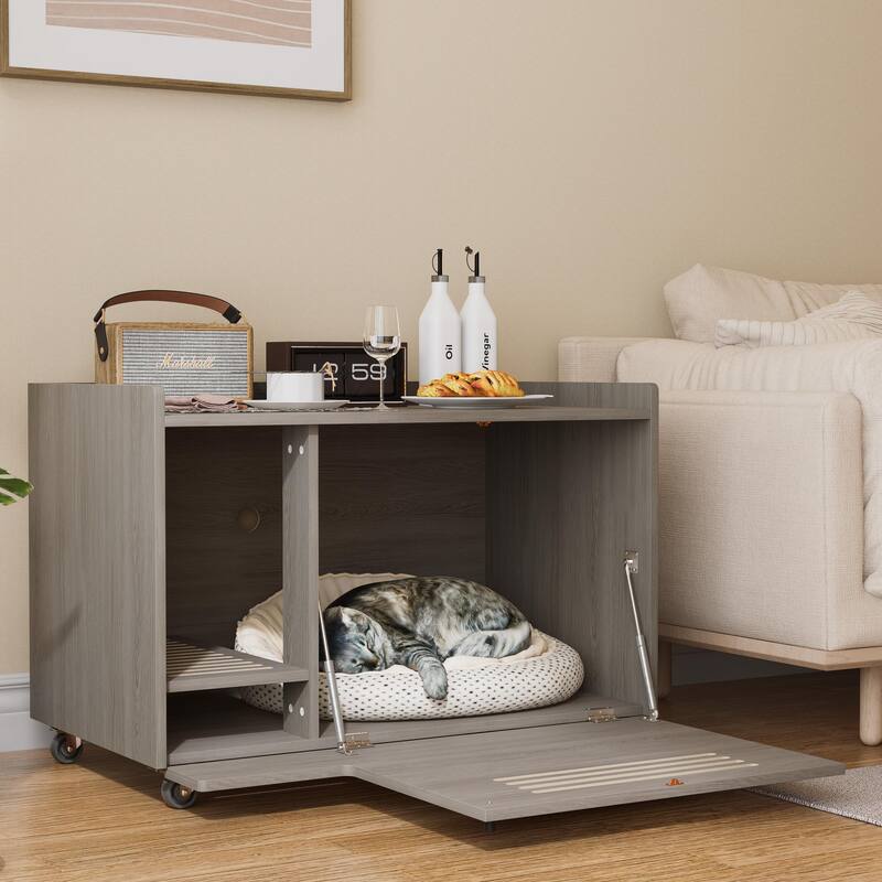 White Cat Litter Box Enclosure,Hidden Litter Box Furniture with top side fence