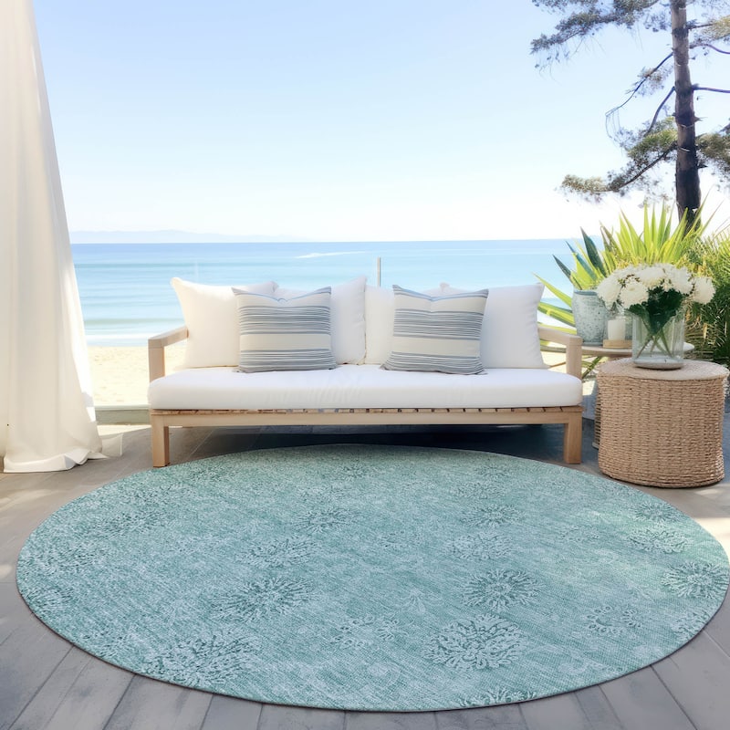 Machine Washable Indoor/ Outdoor Chantille Floral Burst Rug - Teal - 8' x 8'