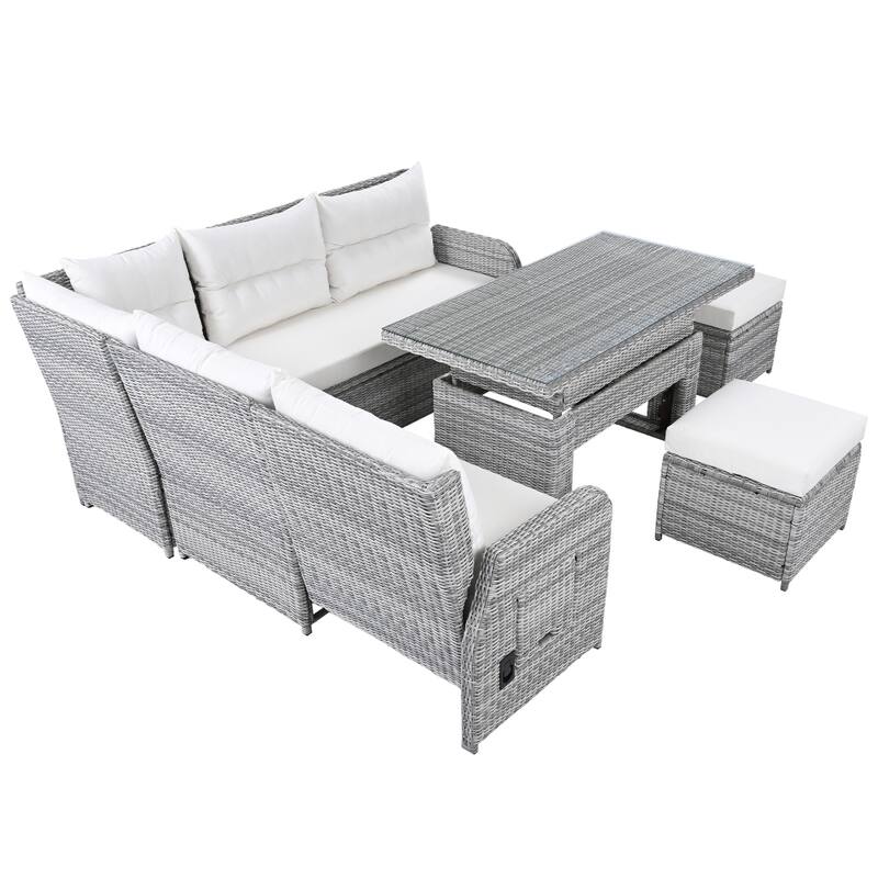 Outdoor Rattan Furniture Set with Adjustable Table, Recliners and 2 Ottomans
