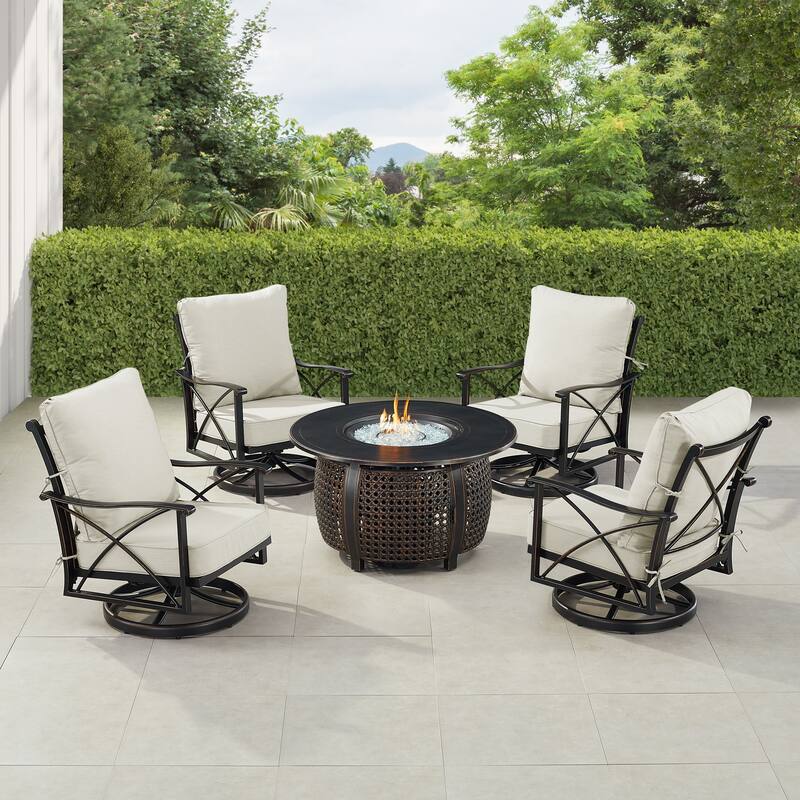 Black Aluminum Fire Table Set with Four Club Chairs - Light Grey
