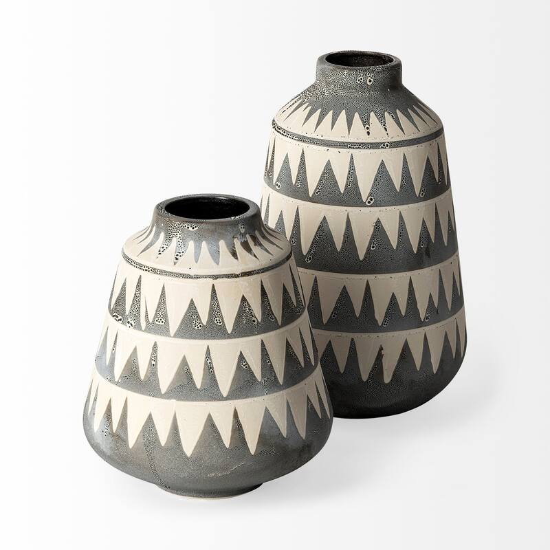 Gray and Ivory Triangle Pattern Ceramic Vase