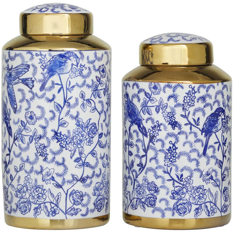 Ceramic Geometric or Floral Living Room Decorative Jars - Set of 2 White, Gold, Silver, Black, Blue - Roche River Decor
