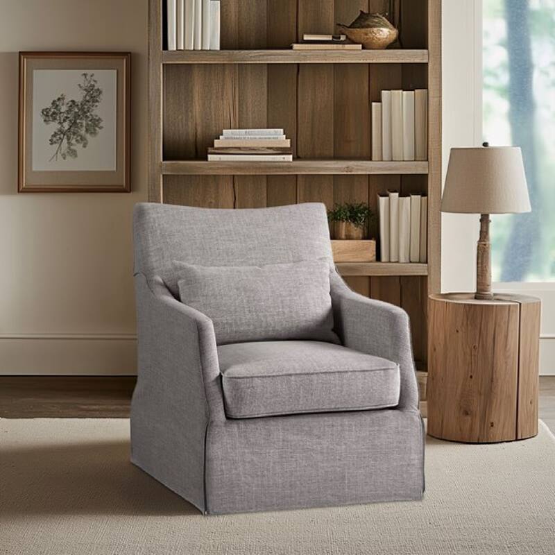 Roomfitters Modern Skirted Swivel Armchair, Traditional Martha Stewart Bedford Collection Lounge Seating with Pillow, Grey