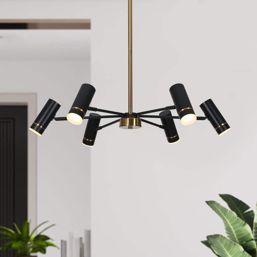 Modern Contemporary 6-Light Black Gold LED Chandelier Metal Wheel Pendant Light for Dining Room - 28" W x 6" H