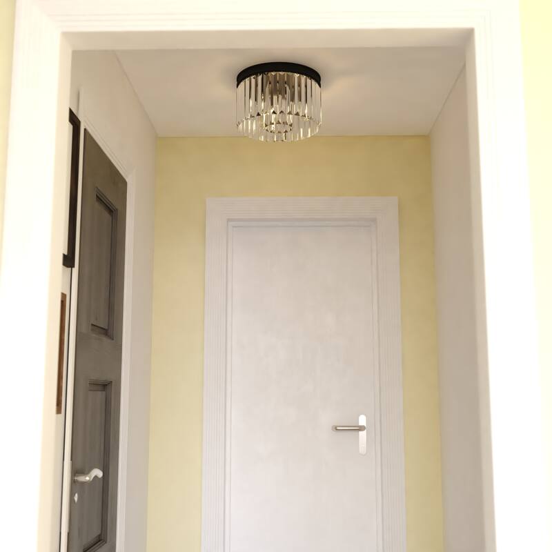 Allerton 3-Light Matte Black Modern Drum Flush Mount Lighting Fixture, Clear Crystal Prisms Shade Low Ceilings, Kitchen