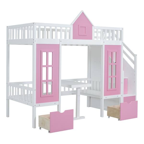 slide 2 of 15, Versatile Twin-Over-Twin Bunk Bed with Changeable Table, Bunk Bed Turn into Upper Bed and Down Desk, Pink Pink - Twin