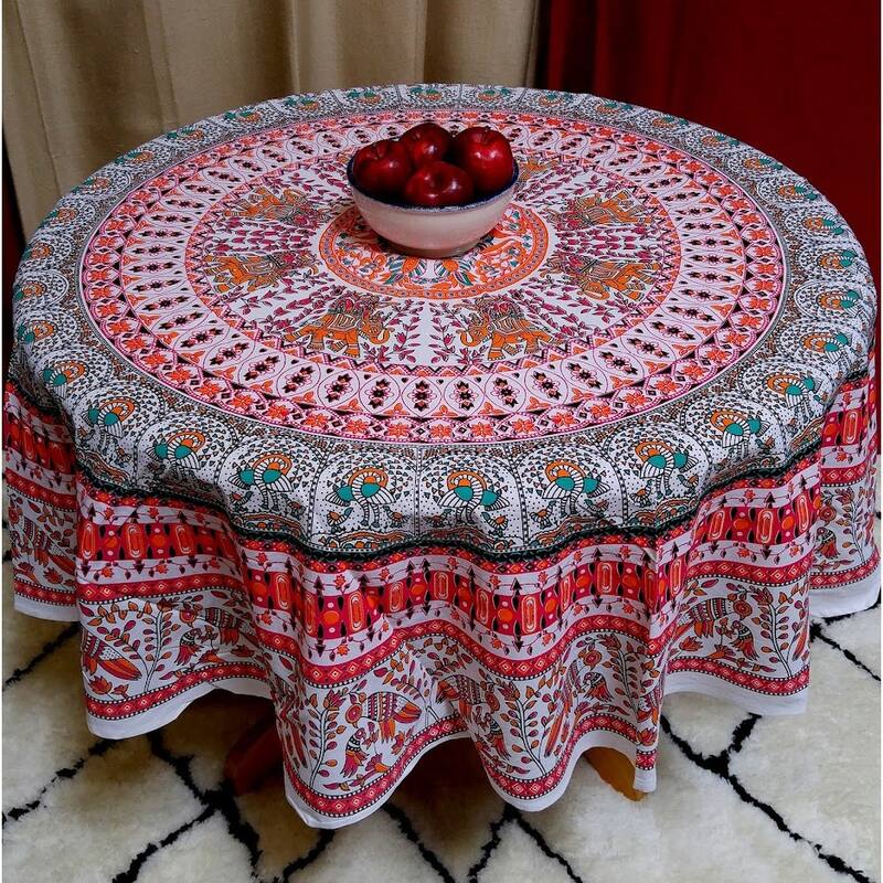 Mighty Elephant and Peacock Print Cotton Tablecloth Round