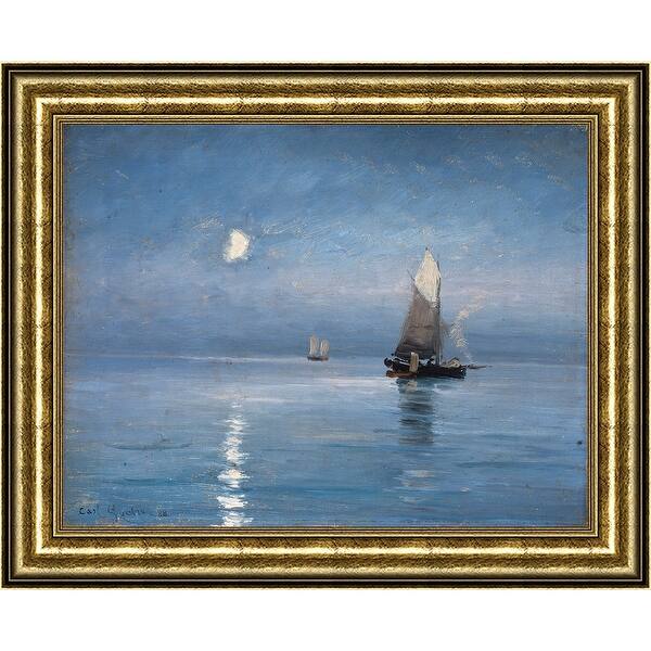 Fishing Cutters in The Moonlit Night by Carl Locher, Giclee Print Oil Painting Gold Frame Size 28 x 22, Ready to Hang - 28 x 22 - Plastic