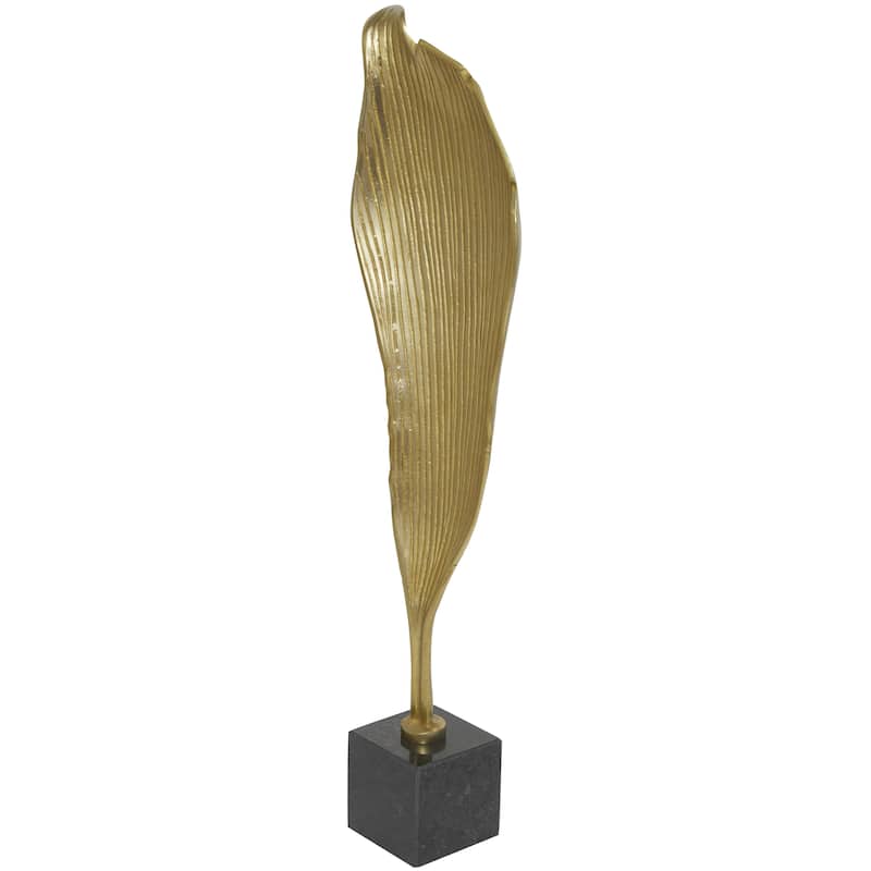 Aluminum Metal Leaf Textured Abstract Decorative Sculpture with Black Marble Base - Gold - Roche River Decor