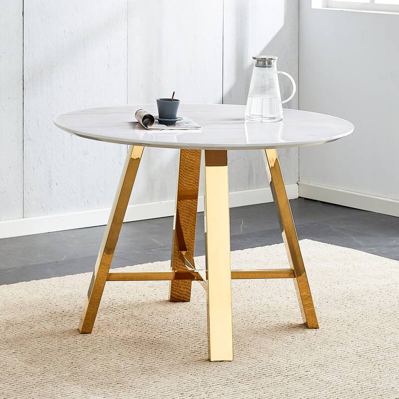 Round Dining Table Coffee Table with Dark Wood Textured Top,Cross Structure Reinforcement Black Metal Legs