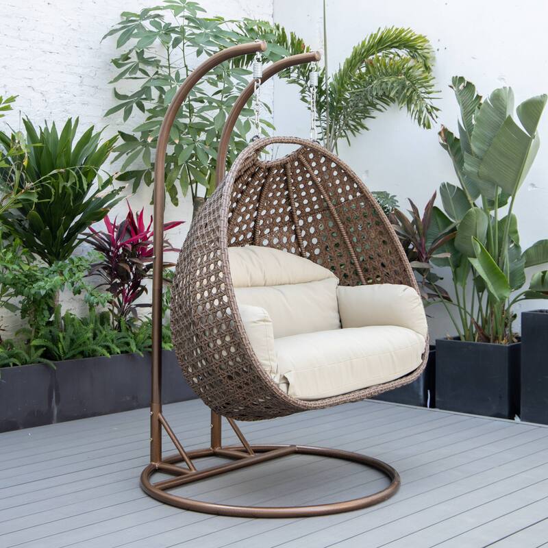 LeisureMod Mendoza Dark Brown 2 Seater Wicker Patio Hanging Double Swing Chair for Patio Porch Backyard Garden - 53"