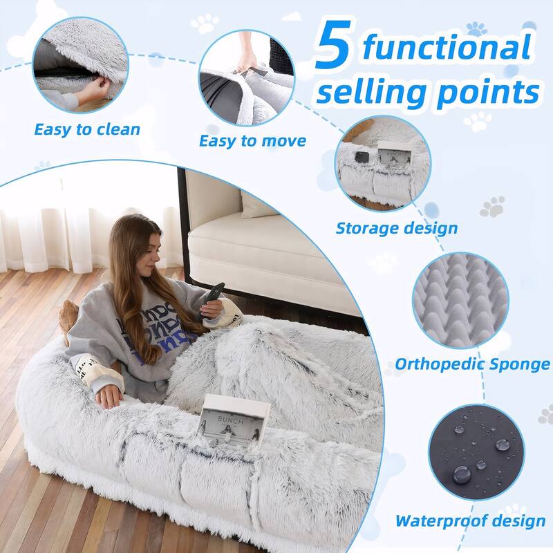 Human Dog Bed, Washable Faux Fur Dog Bed for People Doze Off, Napping Orthopedic Dog Bed