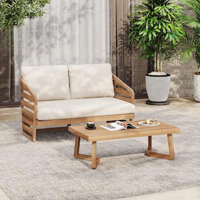 Christopher Knight Home - Royal Acacia Wood Outdoor Chat Set with Water-Repellent Cushions and Slatted Coffee Table