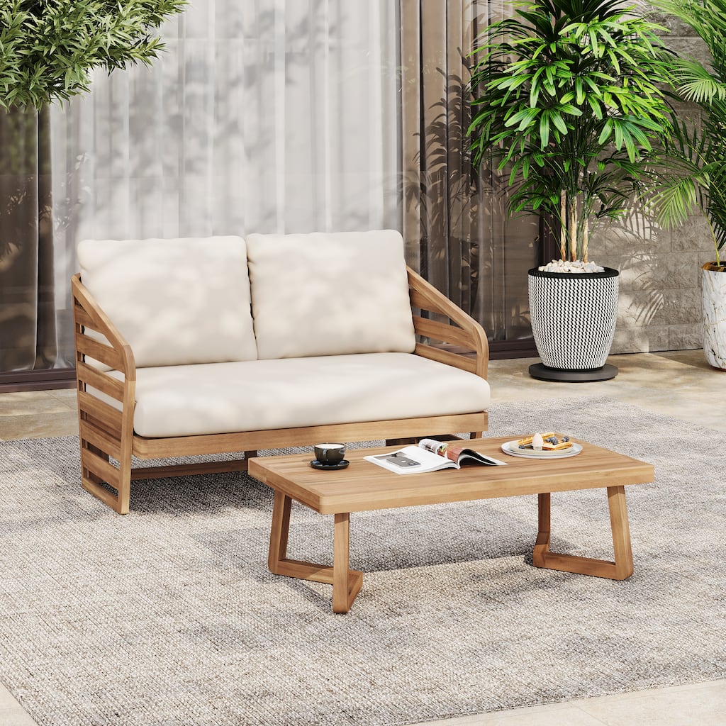 Christopher Knight Home - Royal Acacia Wood Outdoor Chat Set with Water-Repellent Cushions and Slatted Coffee Table