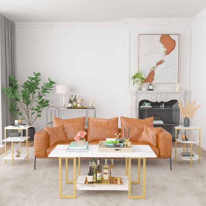3 Pieces Faux Marble Coffee Table Set with 1 Coffee Table and 2 End Tables, Modern Sofa Side Table with Shelf, Cocktail Table
