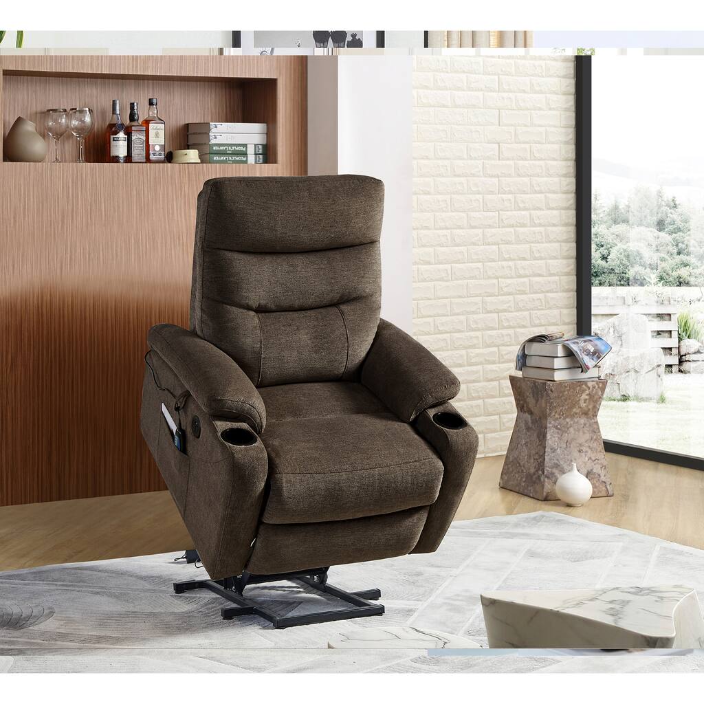 Liyasi Electric Power Lift Recliner Chair Sofa with Massage and Heat for Elderly, 3 Positions, 2 Side Pockets and Cup Holders, U