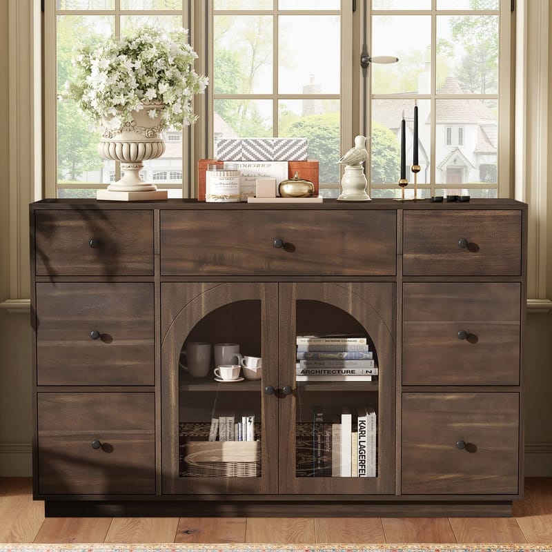 55.1" Large Storage Cabinet with 2 Doors and 7 Drawers for Living and Dining Room Organization