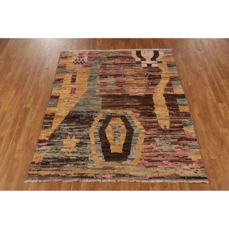 Abstract Geometric Moroccan Oriental Rug Hand-Knotted Wool Carpet - 5'3" x 6'6"