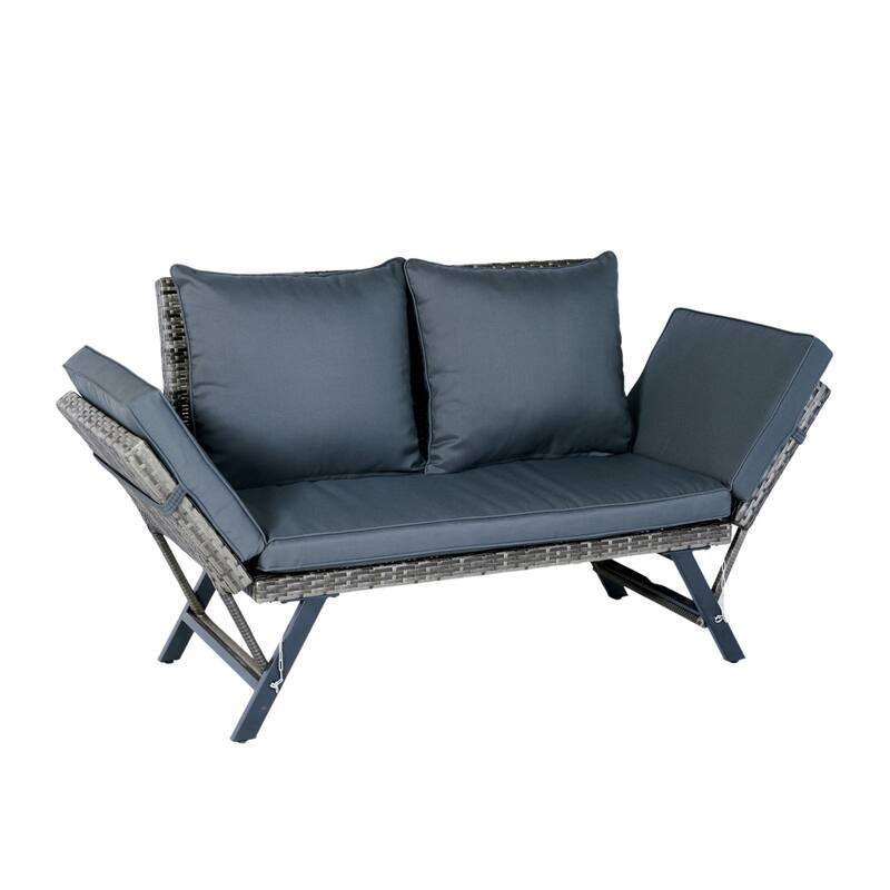 Grey Wicker Foldable Bench Patio Backyard Conversation Set