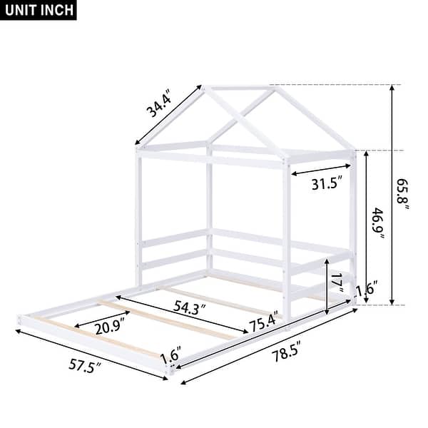 dimension image slide 1 of 2, Wooden Full Size House Kids Bed Frame with Guardrail for Fun Sleeping Space, Safety Guaranteed, Easy to Assemble, White