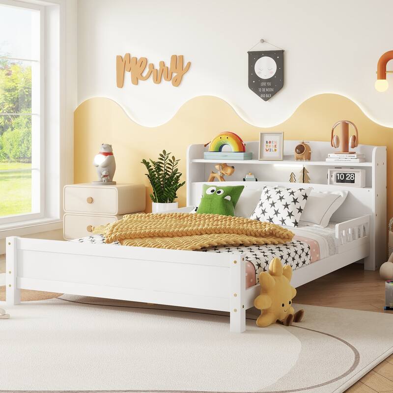 Full Pine Wood Bed with Bookcase Headboard, LED Motion Sensor Light & Bed Guardrails in White