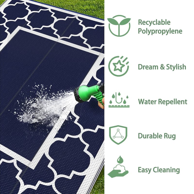 Reversible Dark Tone Geometric Flat-Weave Recyclable Outdoor Rug