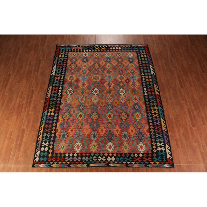 Geometric Kilim Area Rug Hand-Woven Wool Carpet - 8'8"x 11'8"