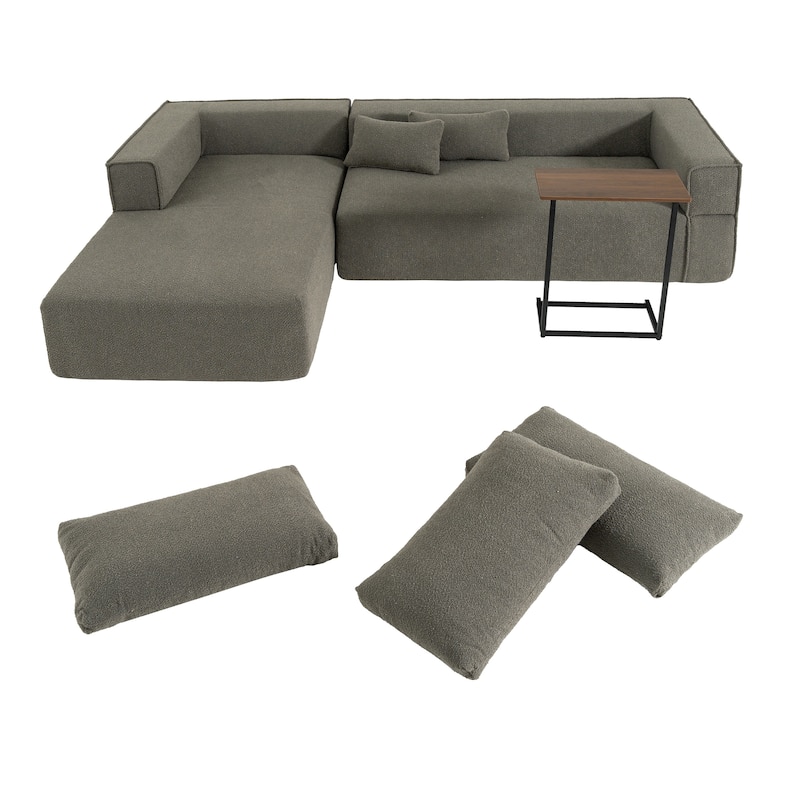 L Shaped Boucle Fabric Sectional Sofa w/ Chaise Lounge, Side Table, Pillows