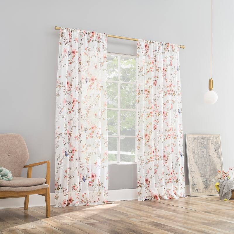 No. 918 Jocelyn Floral Print Crushed Voile Sheer Rod Pocket 1-Piece Curtain Panel, Single Panel