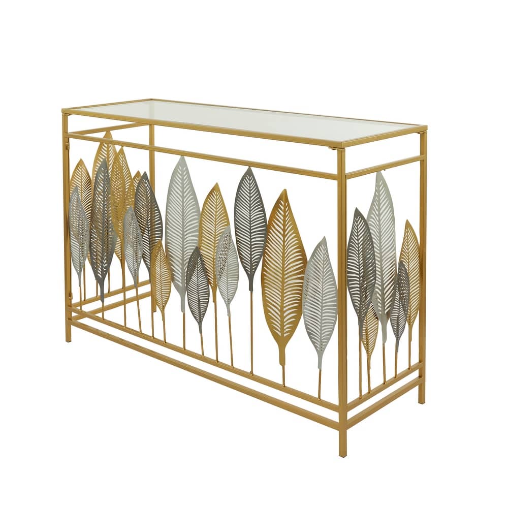 Metal Leaf Rectangular Console Table with Mirrored Glass Top and Gold Accents - Silver, Black or Gold - Roche River Decor