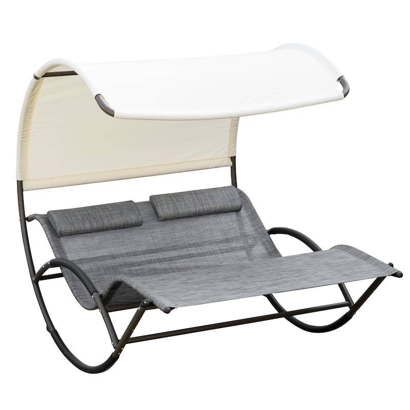 Outsunny Outdoor Double Chaise Rocking Chair, Day Bed Sun Lounger with Canopy Shade, Headrest Pillow, Armrests