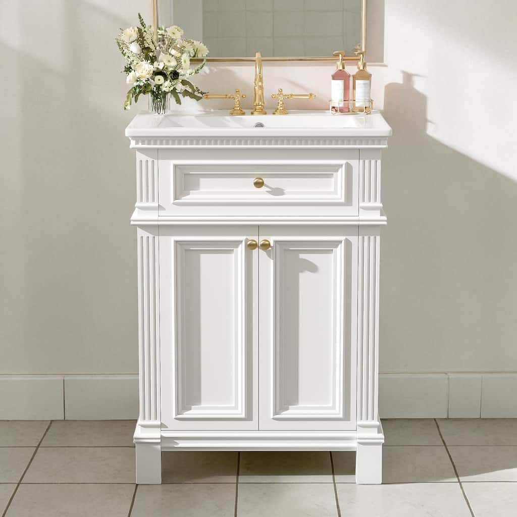 24 Inch Bathroom Vanity with Ceramic Sink, Vintage Storage Cabinet with Soft Close Doors and Adjustable Shelf
