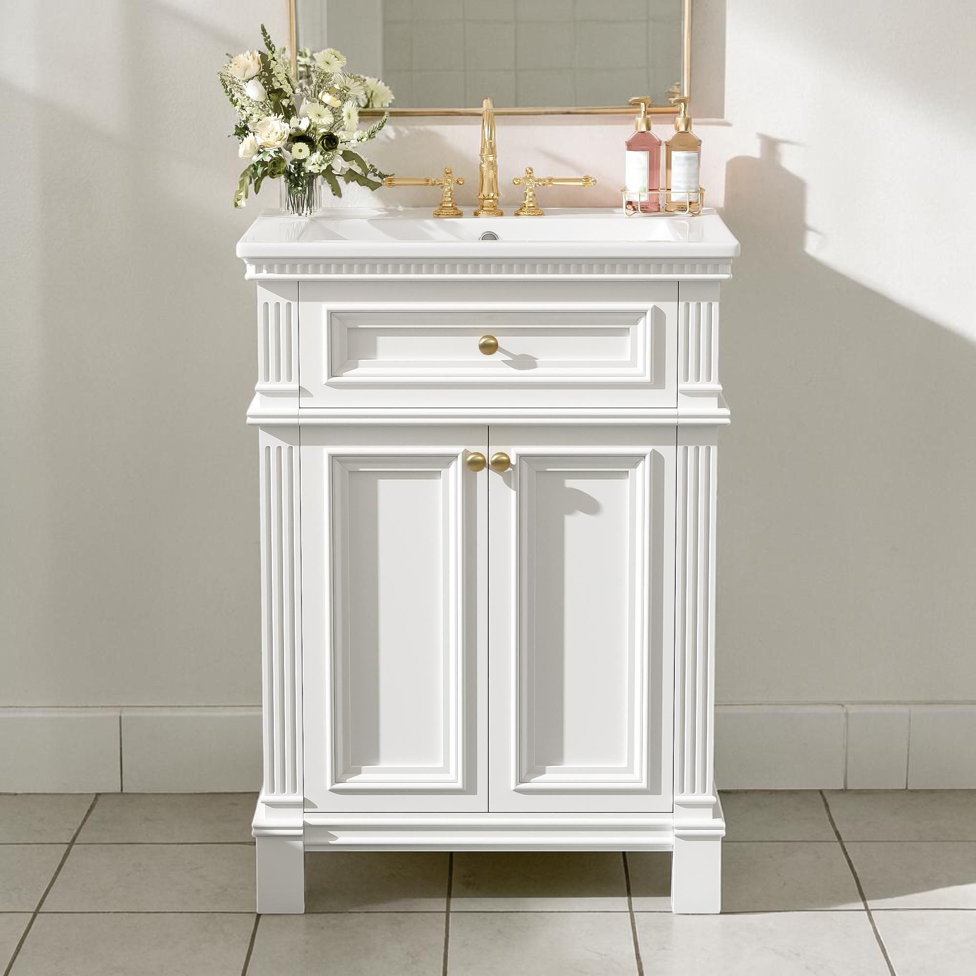 24 Inch Bathroom Vanity with Ceramic Sink, Vintage Storage Cabinet with Soft Close Doors and Adjustable Shelf