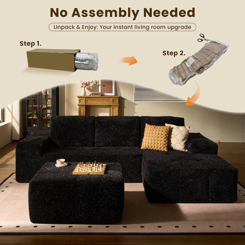 HOOOWOOO Modern Sparkly Velvet Fabric Chaise Sofa Couch with Ottoman