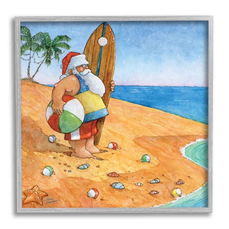 Stupell Santa Claus On Beach Surf Board Tropical Christmas Framed Wall Art - Blue - 17 x 17 - Grey
