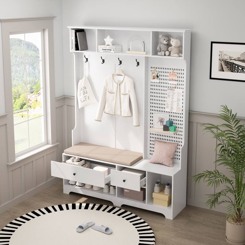 Modern Minimalist Coat Rack, Linen Cushioned Entry Bench, Storage Shelf, DIY Pegboard, for Hallway, Living Room