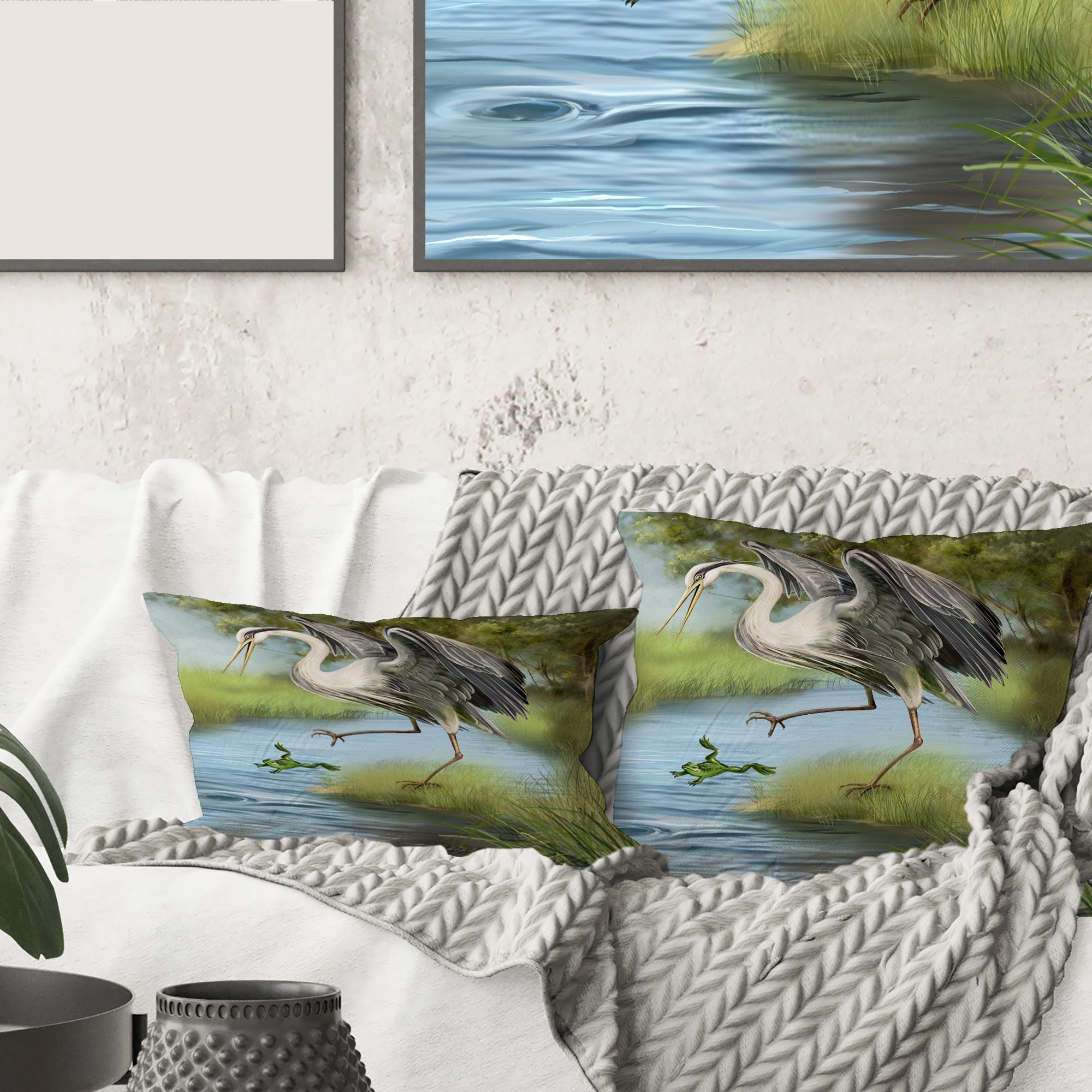 Designart 'Crane Hunting A Frog In The Water' Farmhouse Printed Throw Pillow  - Bed Bath & Beyond - 33964165