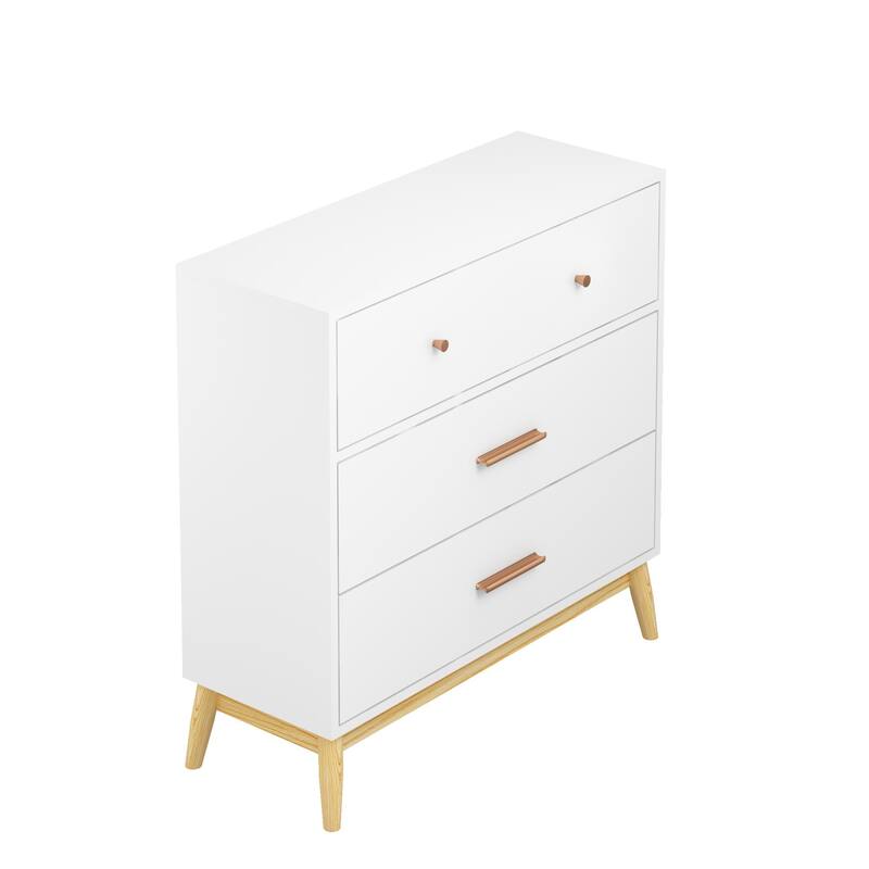 Anmytek 3 Drawer Dresser with Gold Handles Mid Century Modern White Finish Wood Legs Anti Tip for Bedroom Nursery