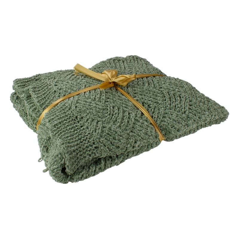 Green Chenille Cable Knit Rectangular Throw Blanket 50" x 60"