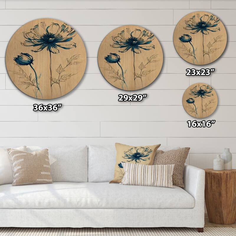 Designart "Indigo Flower Blossoming II" Floral Wood Wall Art - Natural Pine Wood