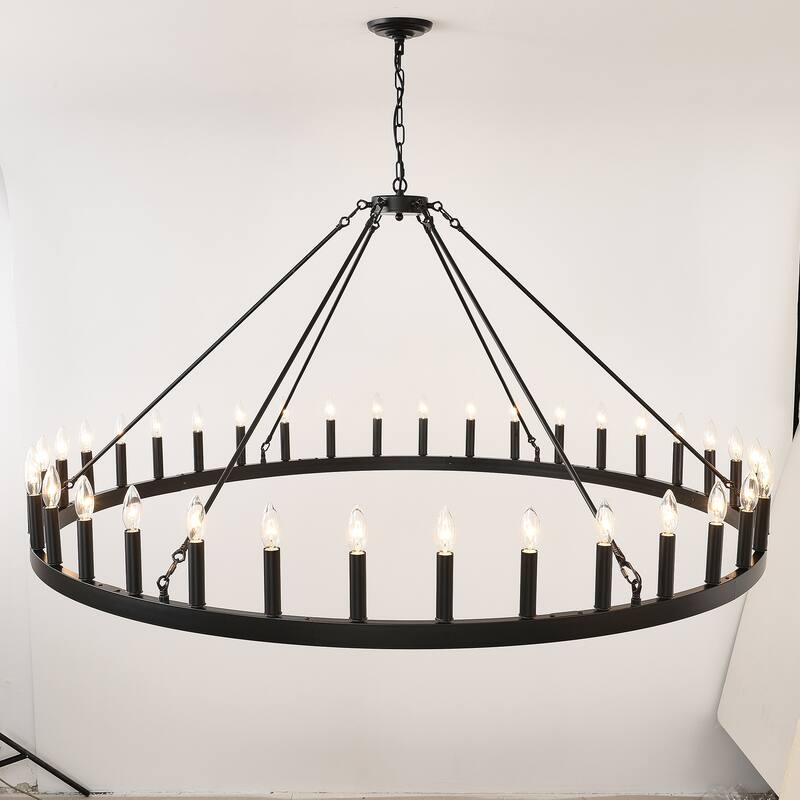 59.1INCH 36-Light Extra Large Wagon Wheel Chandelier, Black Farmhouse Round Wheel Chandelier Light E12