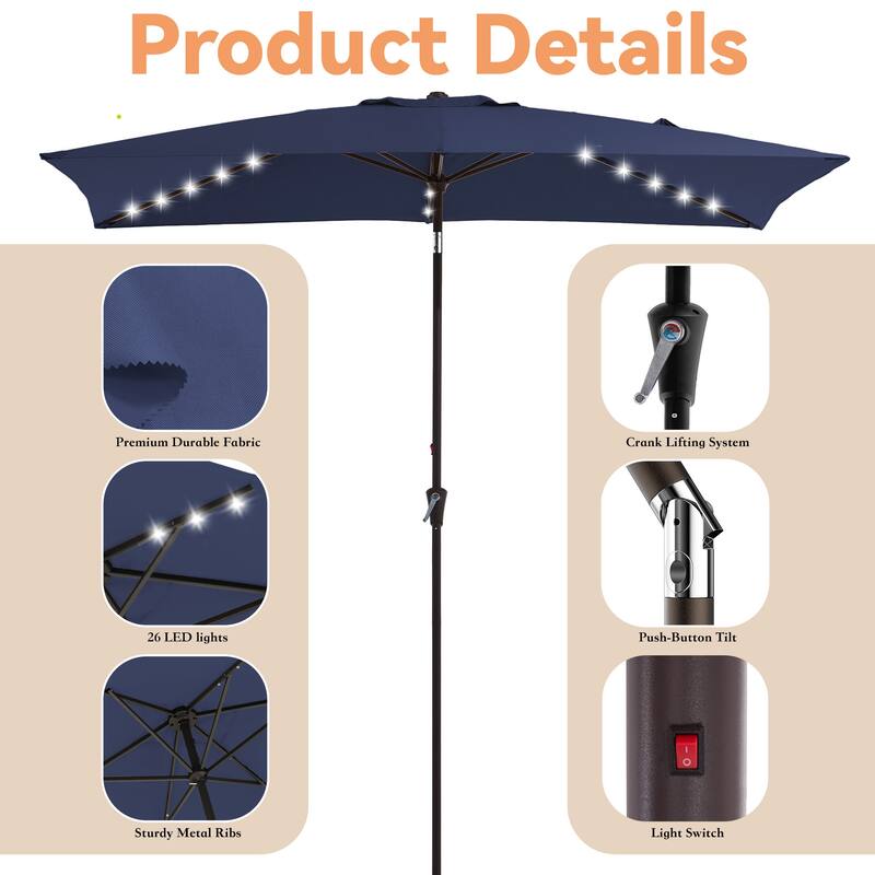 6.5*10ft Rectangular Patio Market Umbrella with LED Lights,Crank & Tilt
