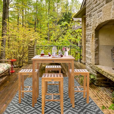 Chic Teak 5 Piece Teak Wood Havana Patio Bistro Bar Set with 35" Square Table & 4 Barstools