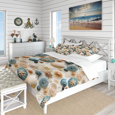 Designart "Coastal Neutrals Boho Collage I" Blue Abstract bed cover set with 2 shams